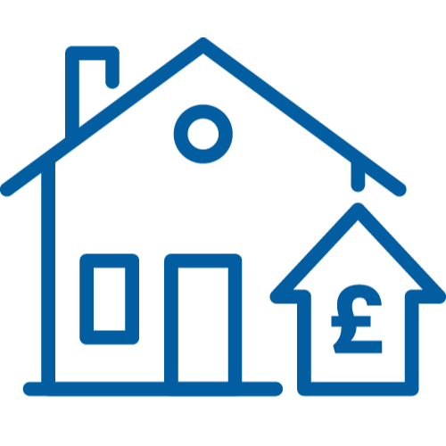 Blue line drawing of a house with a pound sign inside a smaller house symbol, representing property value or asset finance.