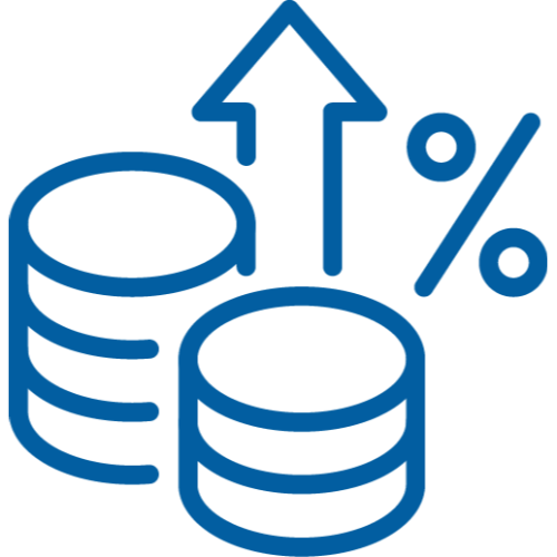 Blue line art of stacked coins, a percentage symbol, and an upward arrow indicating rising interest or financial growth.