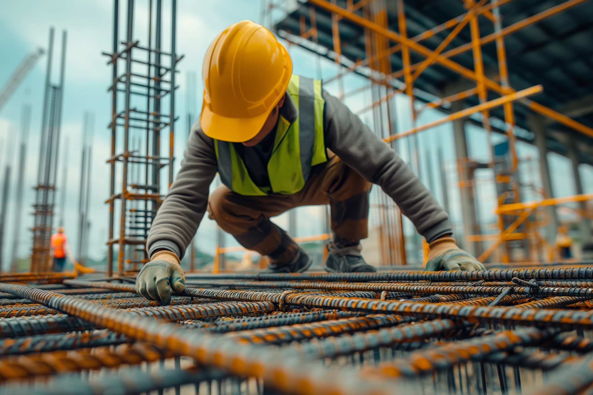 Construction worker in high-vis vest and yellow hard hat securing rebar on a large construction site.