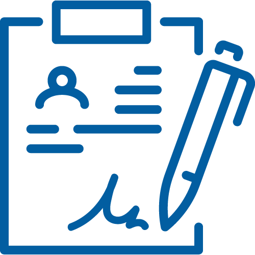 Icon of a clipboard with a pen and user profile, symbolizing contract hire agreement.