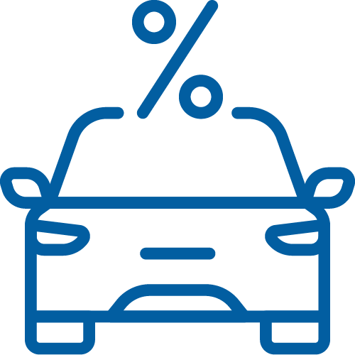 Blue outline icon of a car with percentage symbols indicating hire purchase financing.