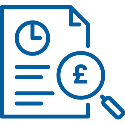 Blue icon of a document with pound sign and magnifying glass, representing invoice finance.