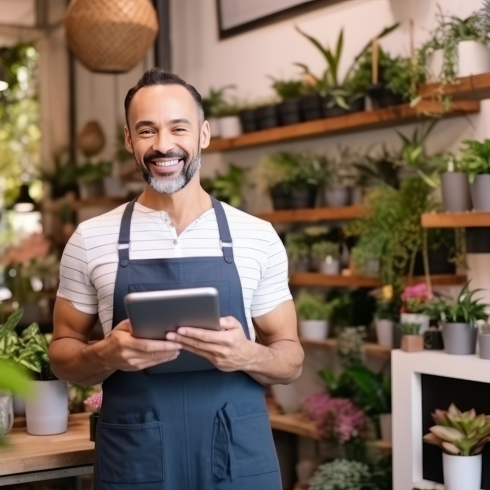 Smiling florist with a beard and apron holds a tablet while standing in a cozy, plant-filled shop with various potted plants on shelves.