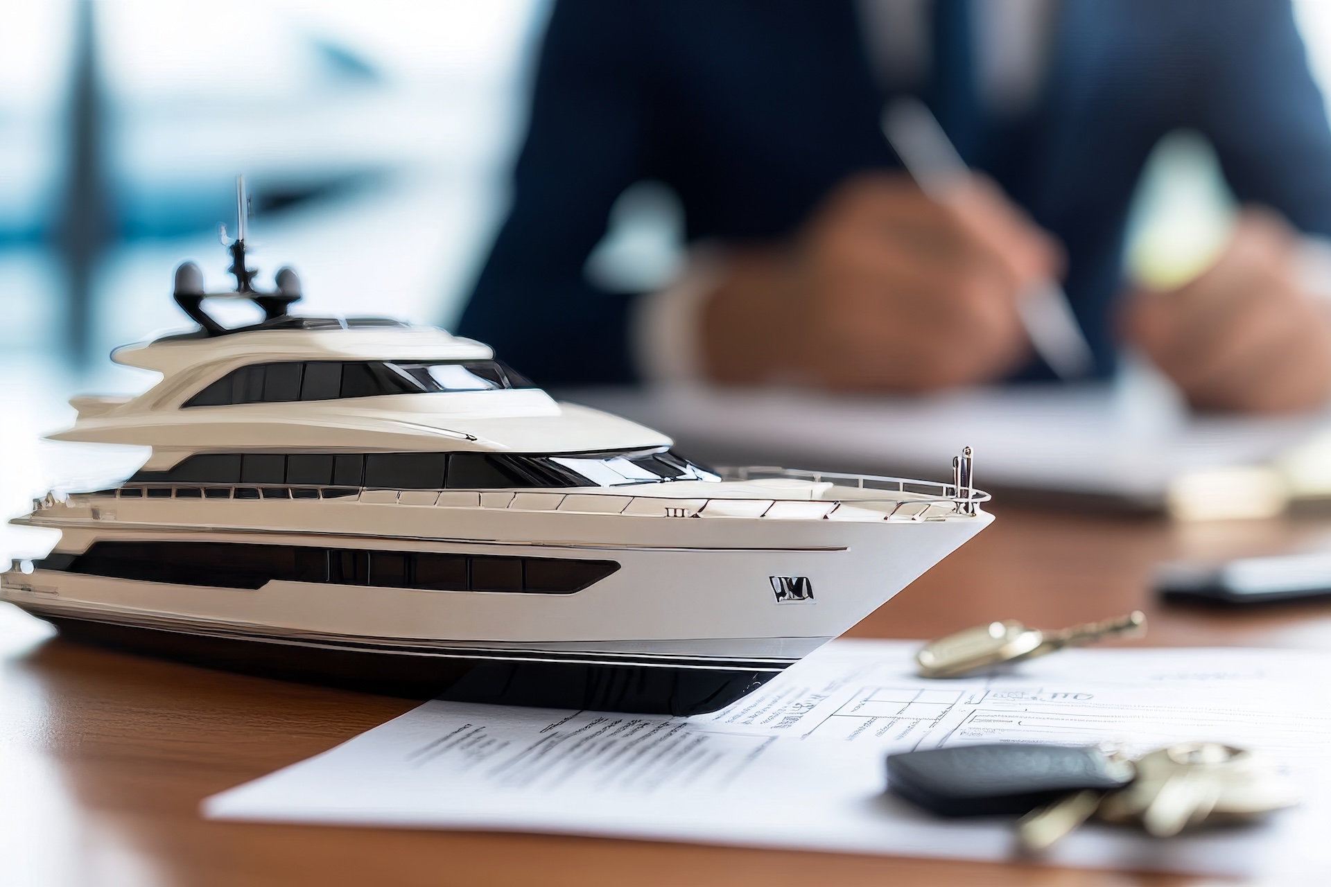 Detailed yacht model on desk with sales agent finalizing paperwork – Perfect for luxury yacht sales and leasing.