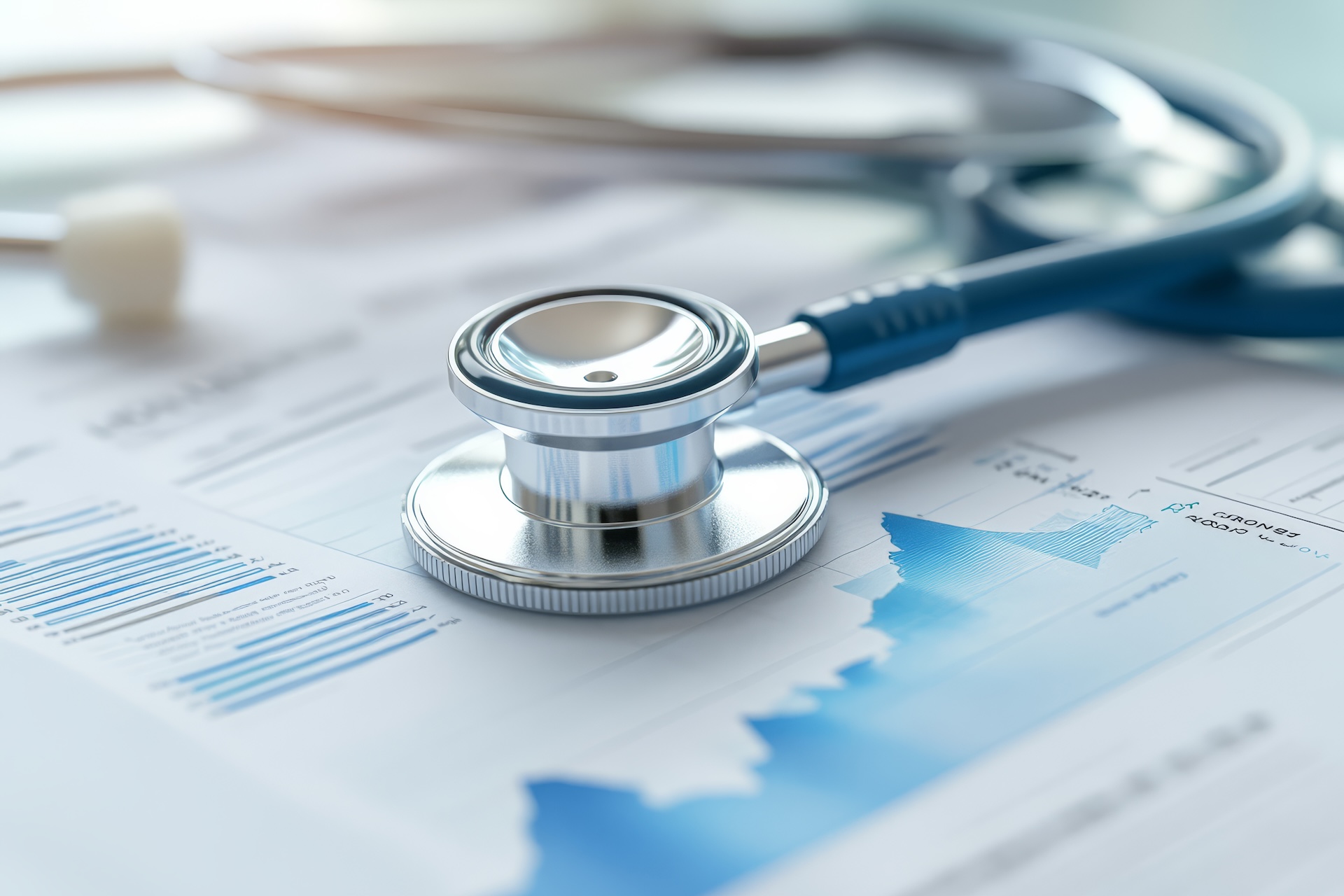 stethoscope rests on financial report with upward trending graph, symbolizing growth in healthcare. image conveys sense of progress and optimism in medical field