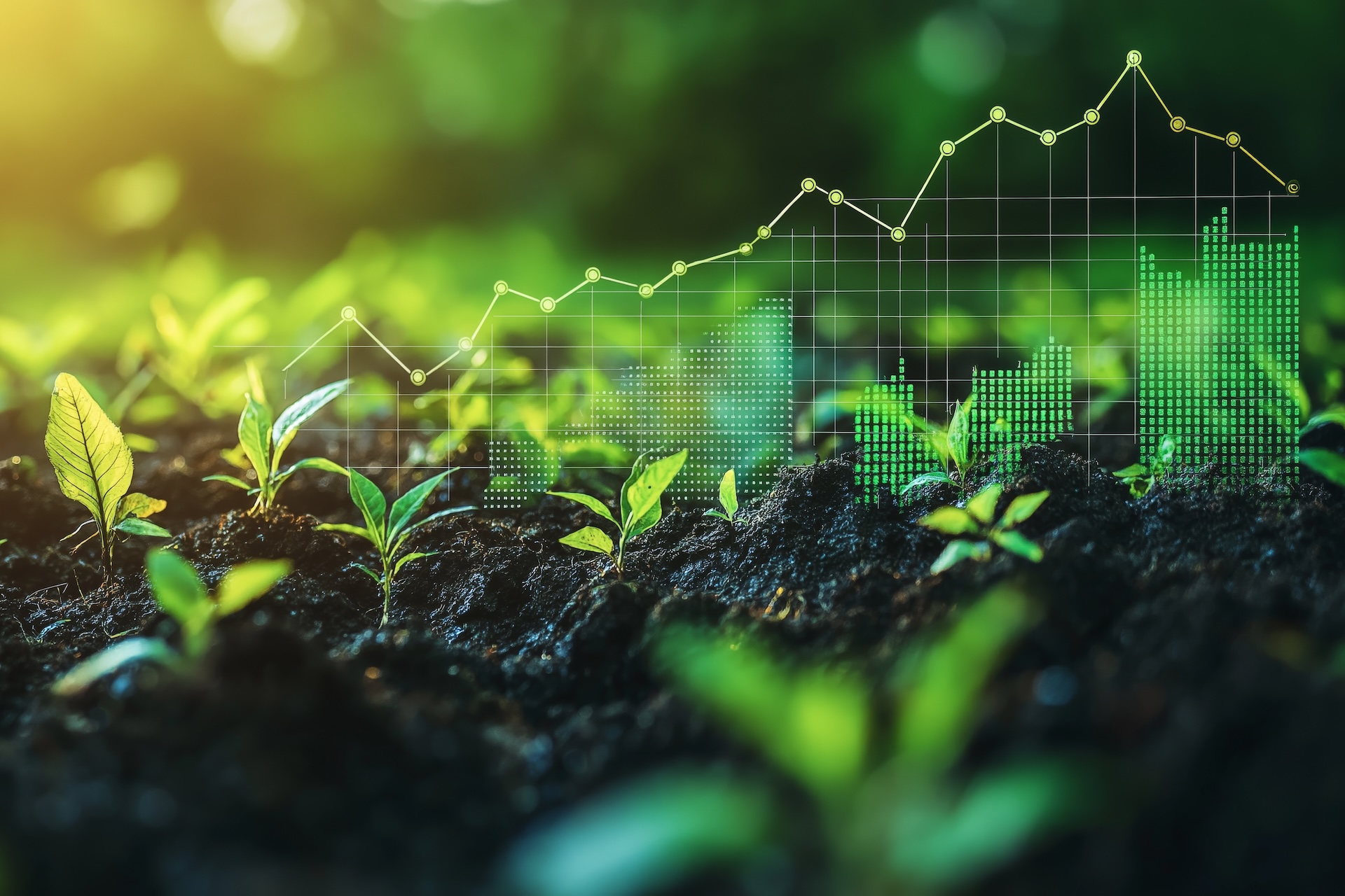 Financial growth in sustainability, with young seedlings emerging from soil, overlaid with green financial data graphs symbolizing the rise of ESG investments and ecological progress.